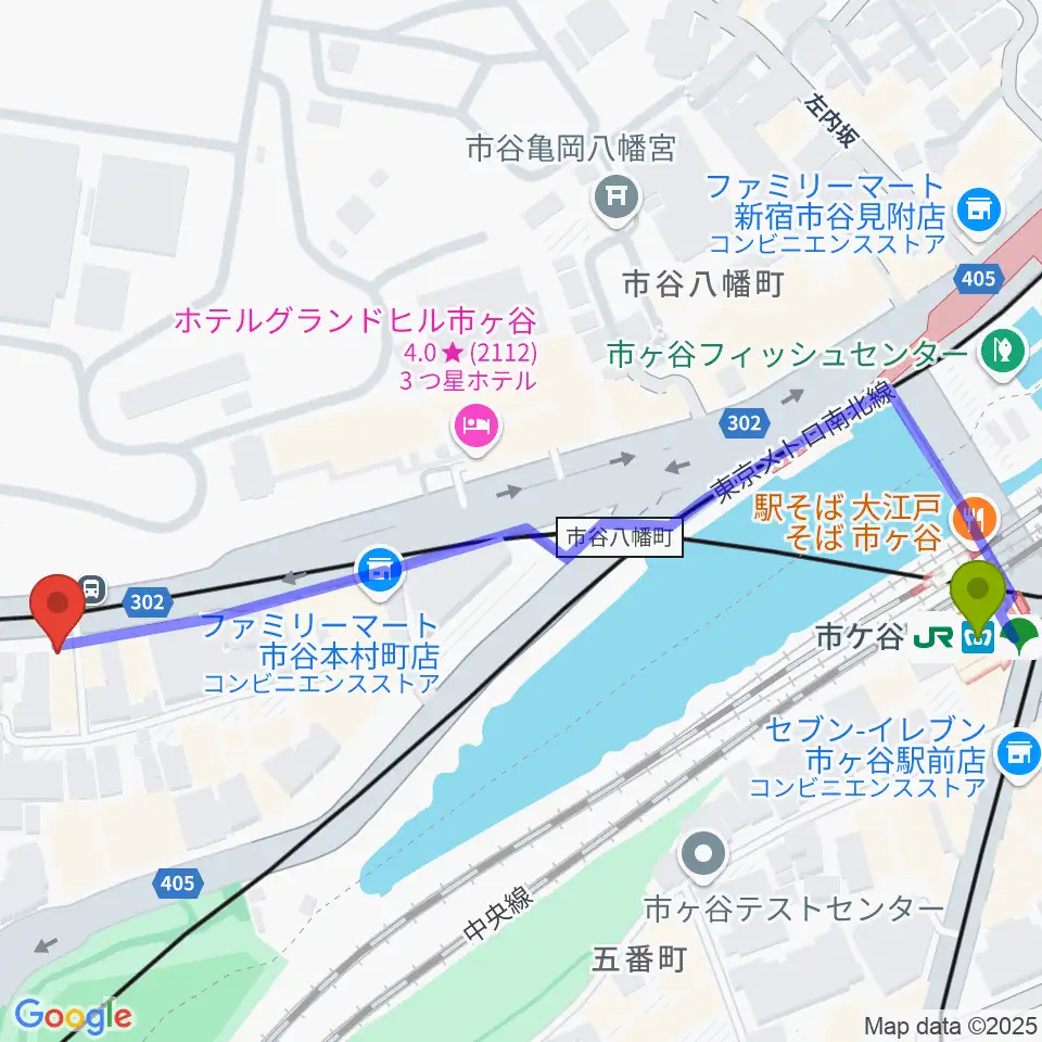 四谷ハニーバーストの最寄駅市ケ谷駅からの徒歩ルート（約7分）地図