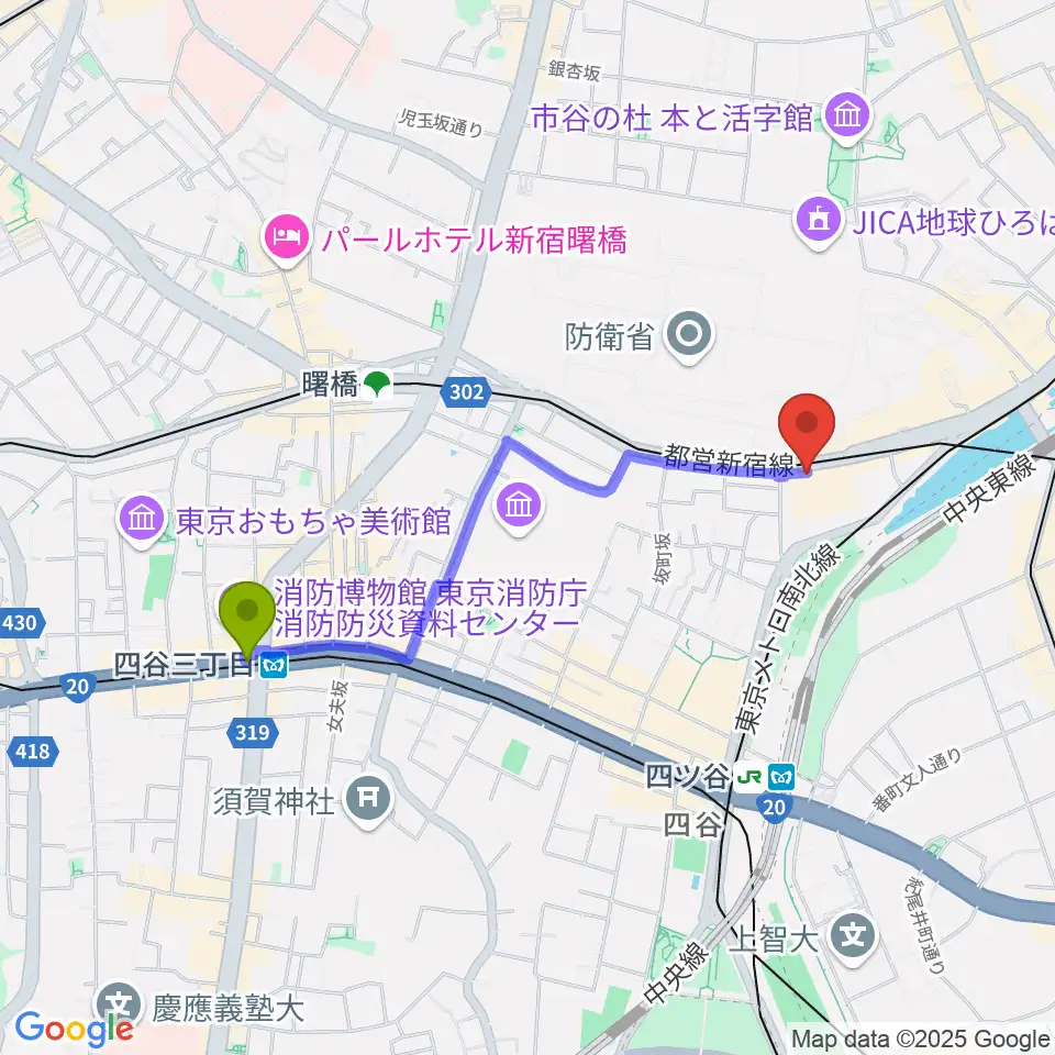 四谷三丁目駅から四谷ハニーバーストへのルートマップ地図