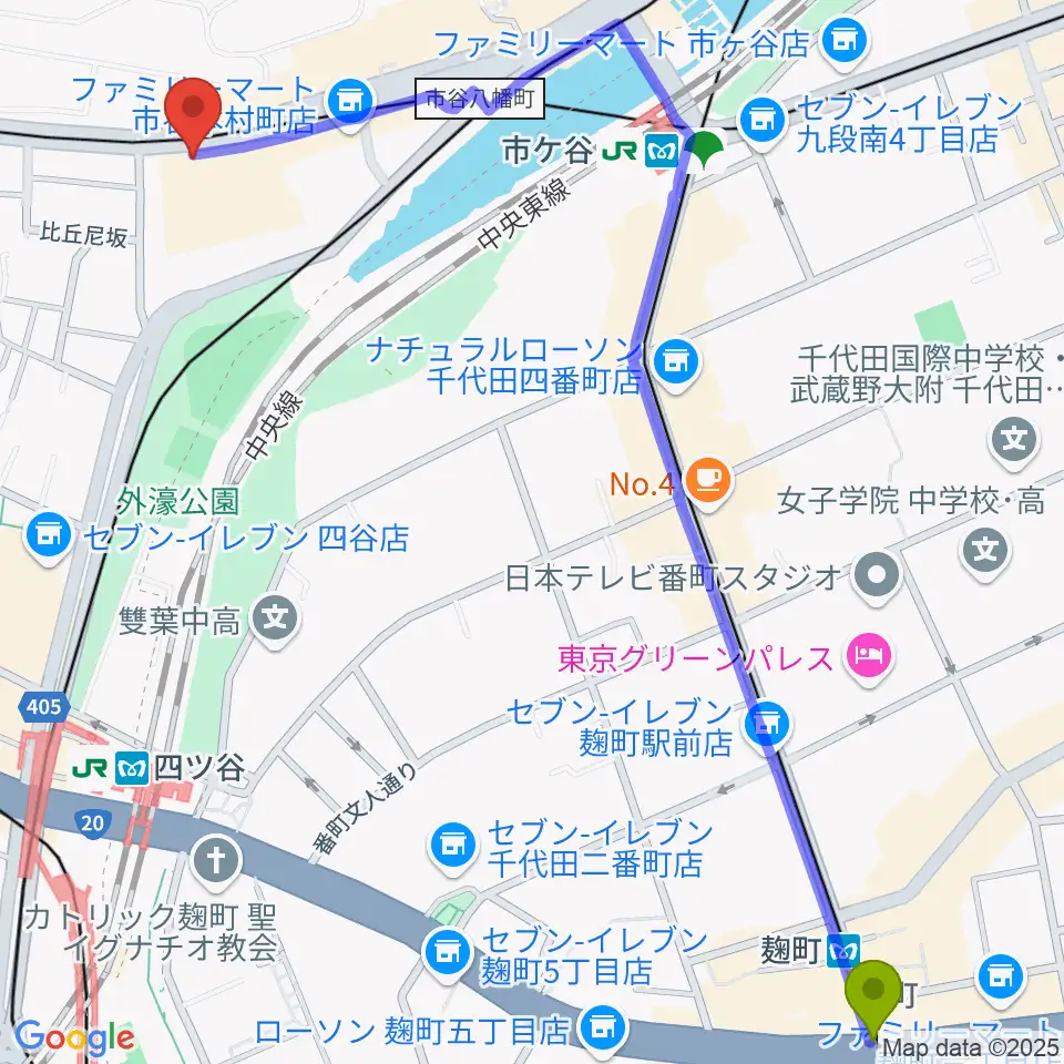 麹町駅から四谷ハニーバーストへのルートマップ地図