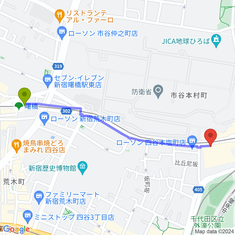 曙橋駅から四谷ハニーバーストへのルートマップ地図