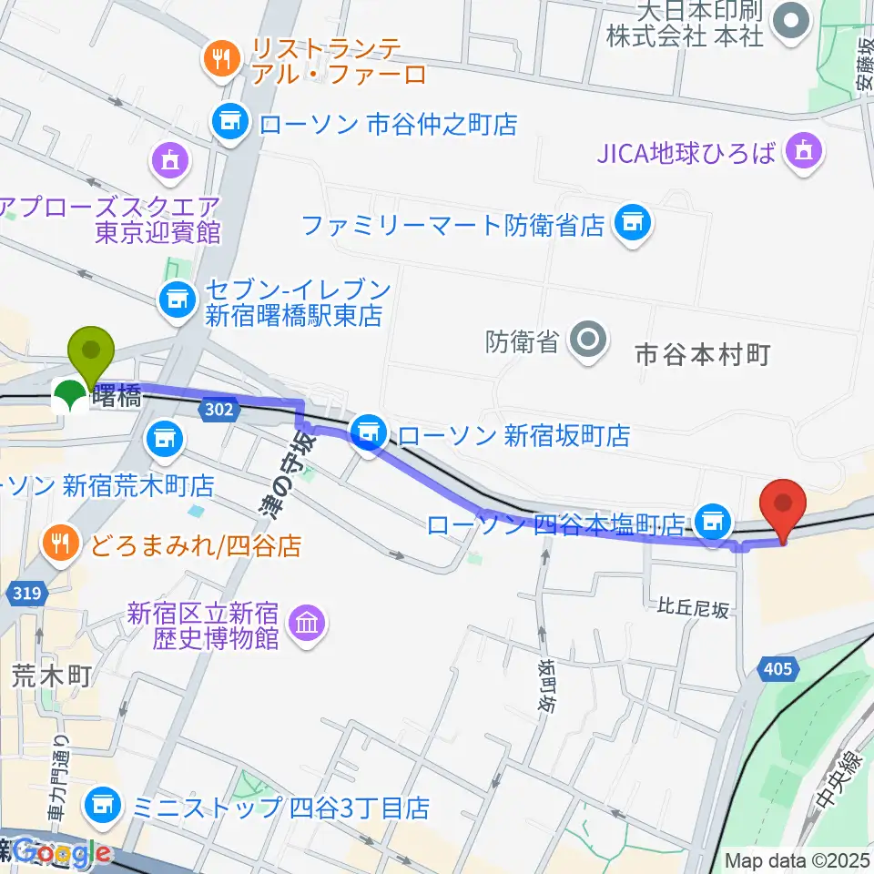 曙橋駅から四谷ハニーバーストへのルートマップ地図