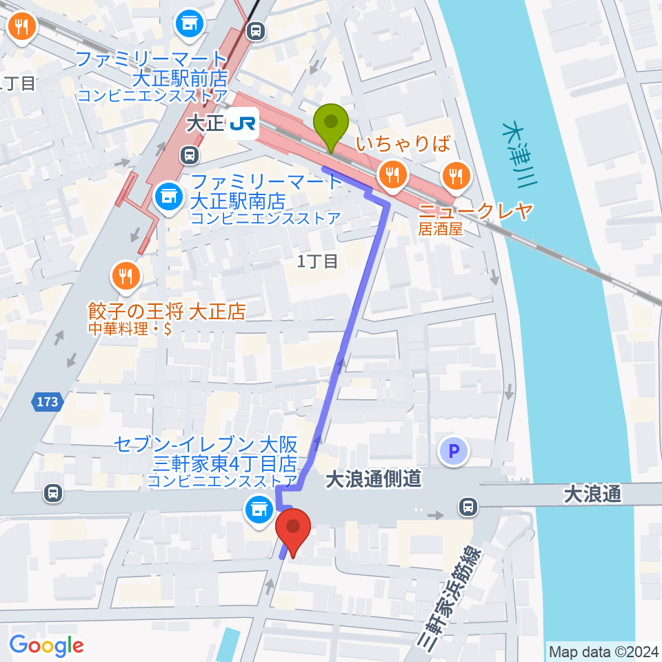 ルソレイユミュージックの最寄駅大正駅からの徒歩ルート（約5分）地図