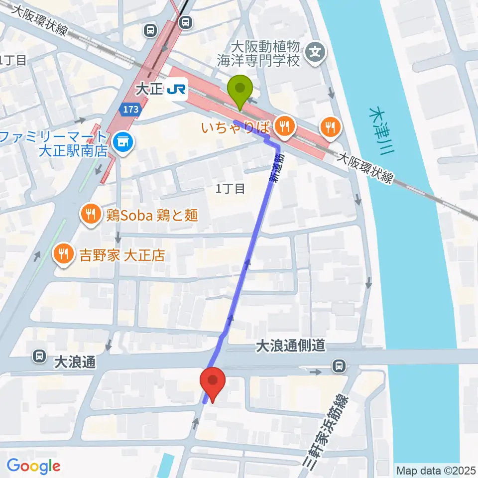 ルソレイユミュージックの最寄駅大正駅からの徒歩ルート（約5分）地図