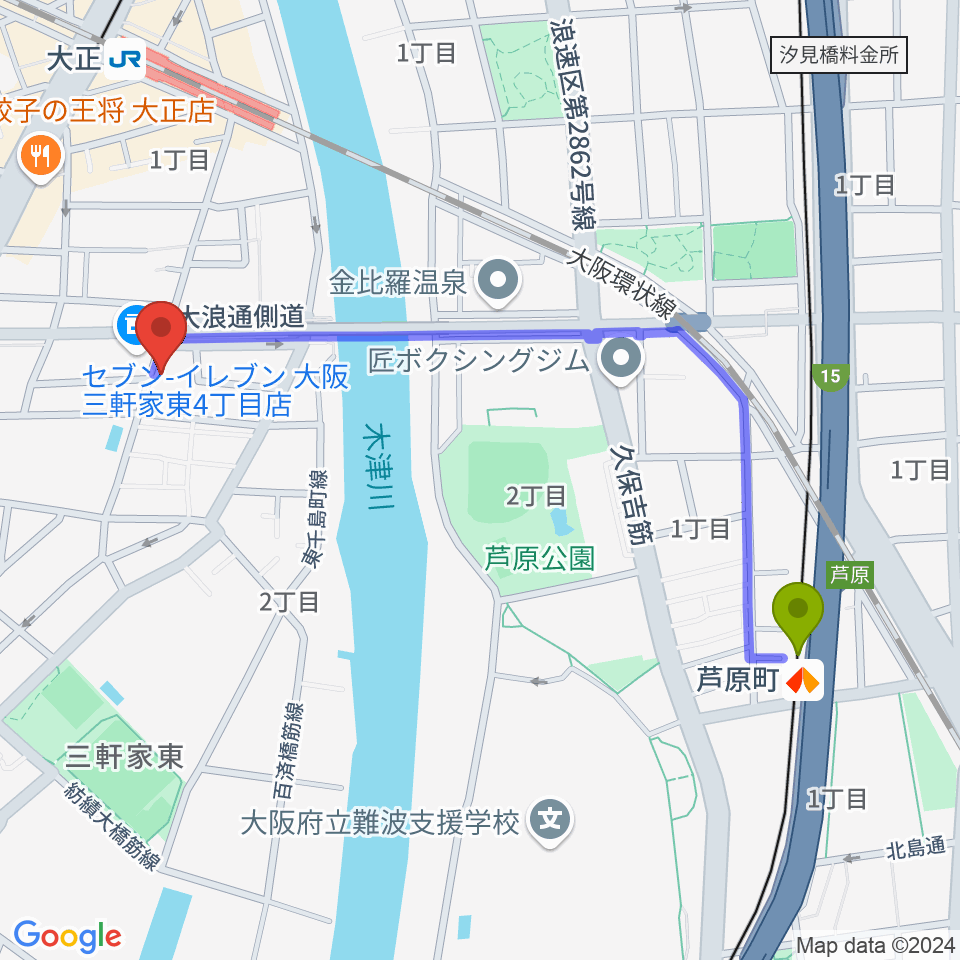 芦原町駅からルソレイユミュージックへのルートマップ地図