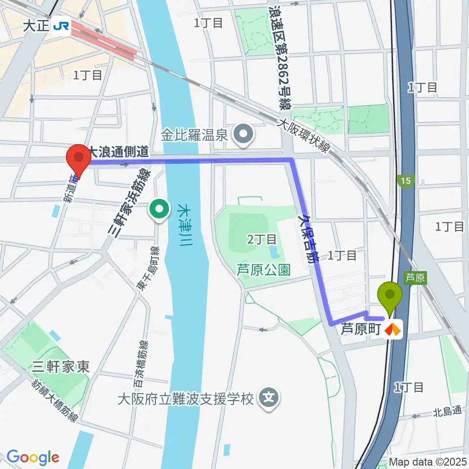 芦原町駅からルソレイユミュージックへのルートマップ地図