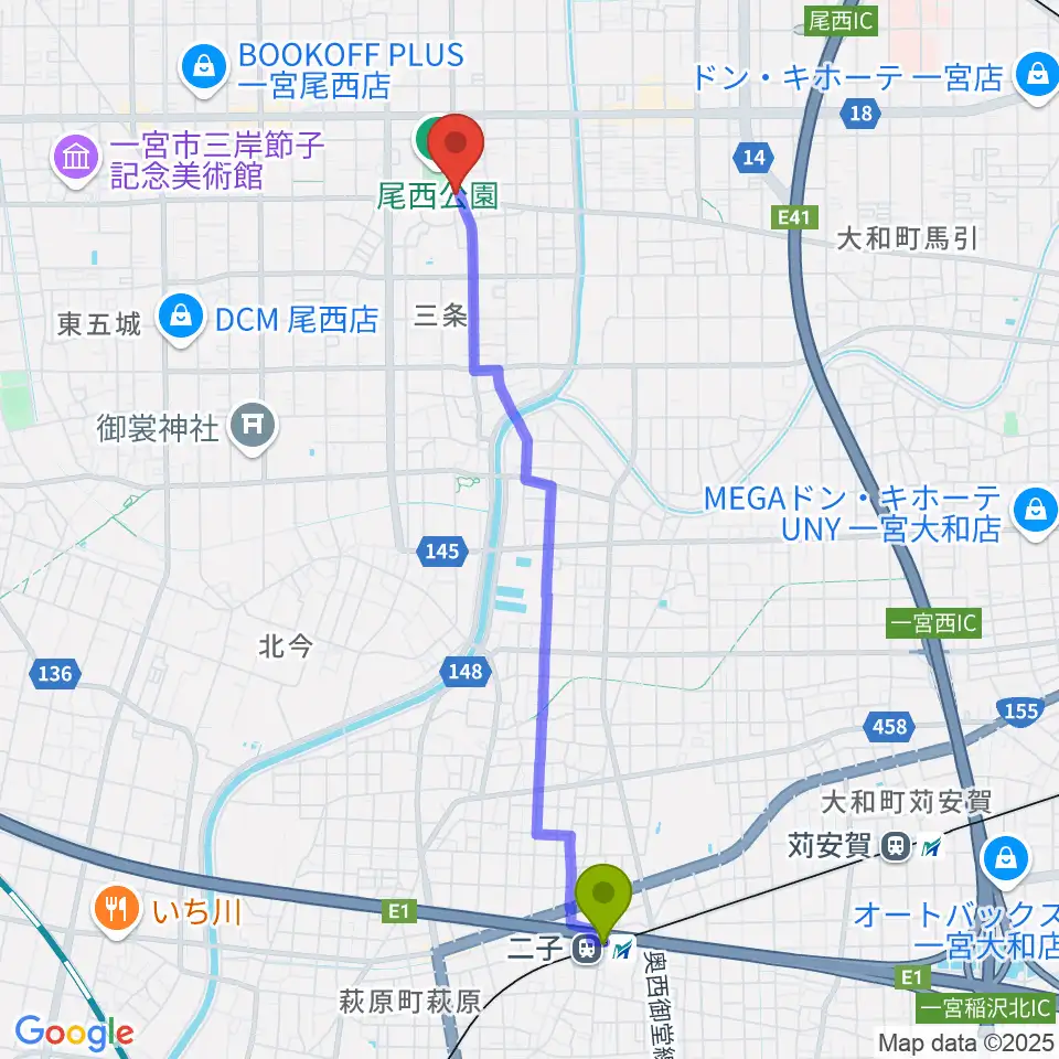 二子駅からクラヴィア音楽教室へのルートマップ地図