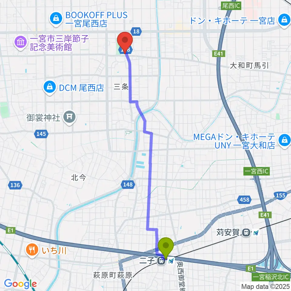二子駅からクラヴィア音楽教室へのルートマップ地図