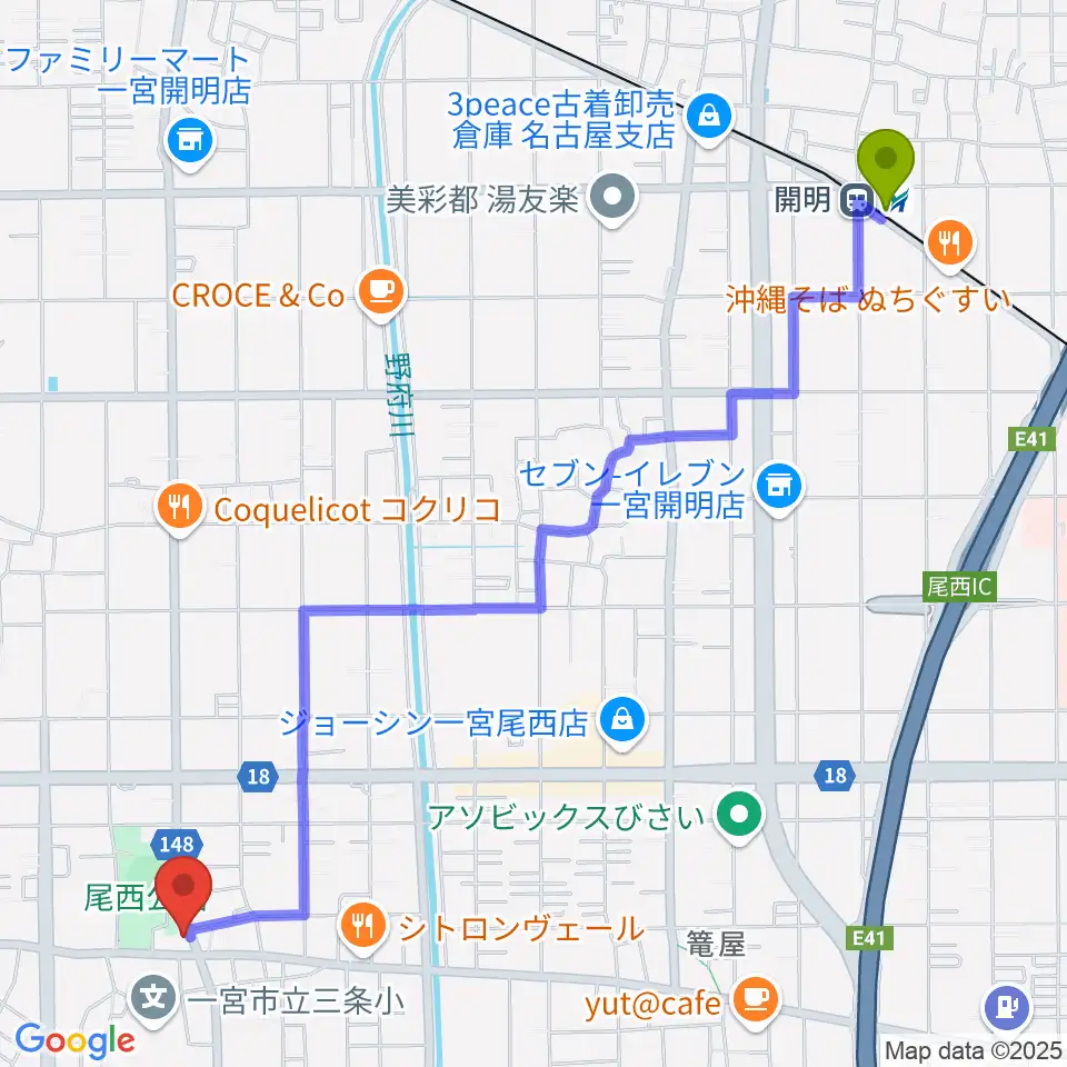 クラヴィア音楽教室の最寄駅開明駅からの徒歩ルート（約30分）地図