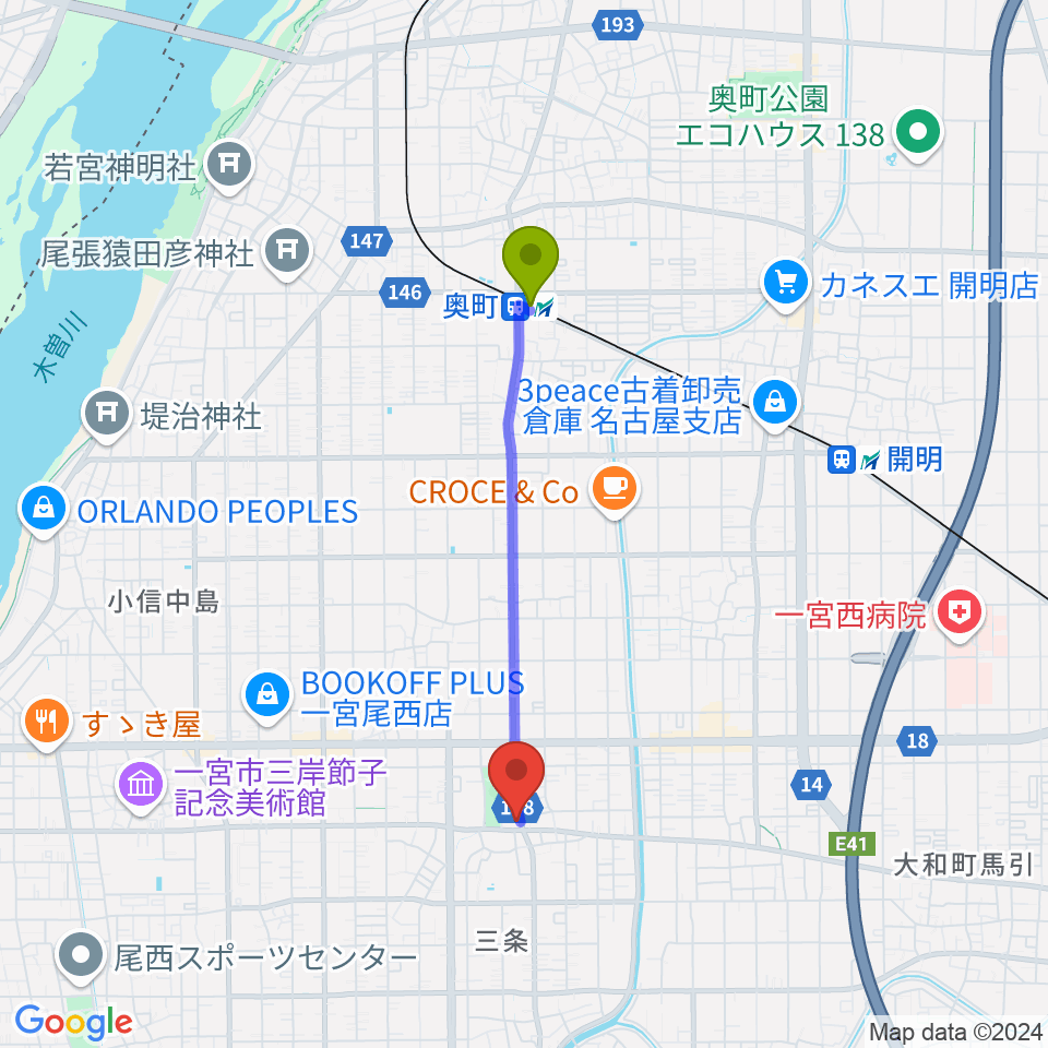 奥町駅からクラヴィア音楽教室へのルートマップ地図