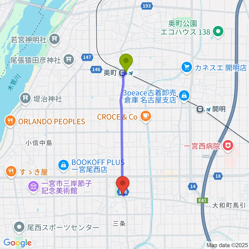 奥町駅からクラヴィア音楽教室へのルートマップ地図