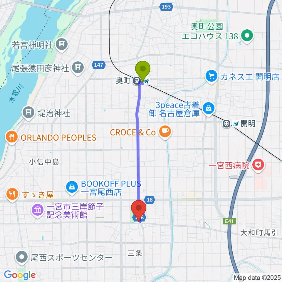 奥町駅からクラヴィア音楽教室へのルートマップ地図