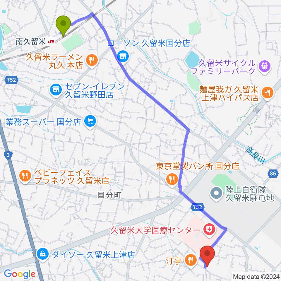 江口ピアノ・エレクトーン教室＆音楽療法室の最寄駅南久留米駅からの徒歩ルート（約31分）地図