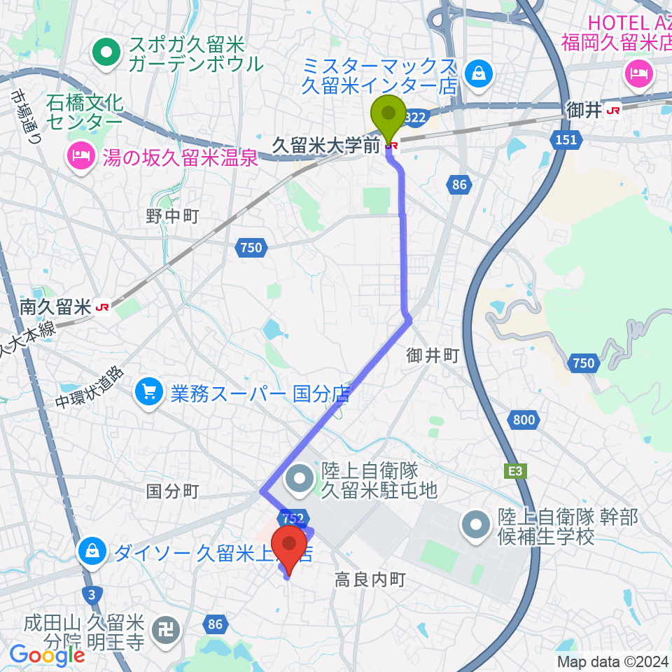 久留米大学前駅から江口ピアノ・エレクトーン教室＆音楽療法室へのルートマップ地図