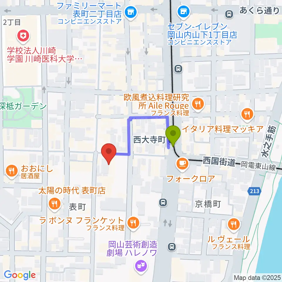 岡山デスペラードの最寄駅西大寺町駅からの徒歩ルート（約2分）地図