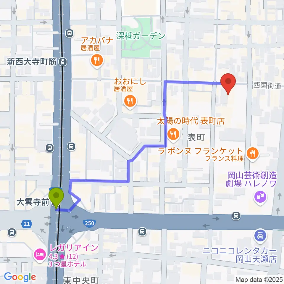 大雲寺前駅から岡山デスペラードへのルートマップ地図