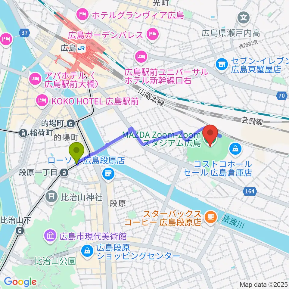 段原一丁目駅からMazda Zoom-Zoom スタジアム広島へのルートマップ地図