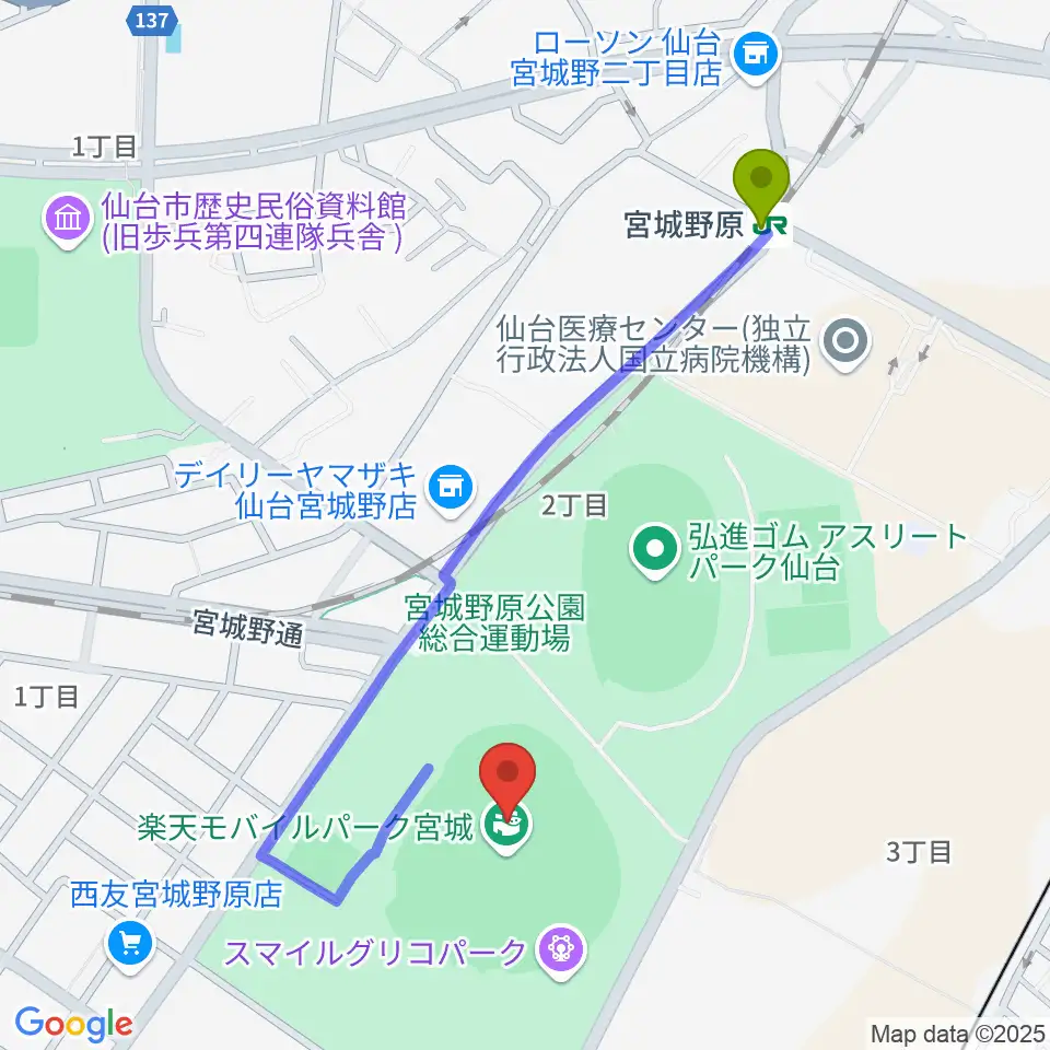 楽天モバイルパーク宮城の最寄駅宮城野原駅からの徒歩ルート（約9分）地図