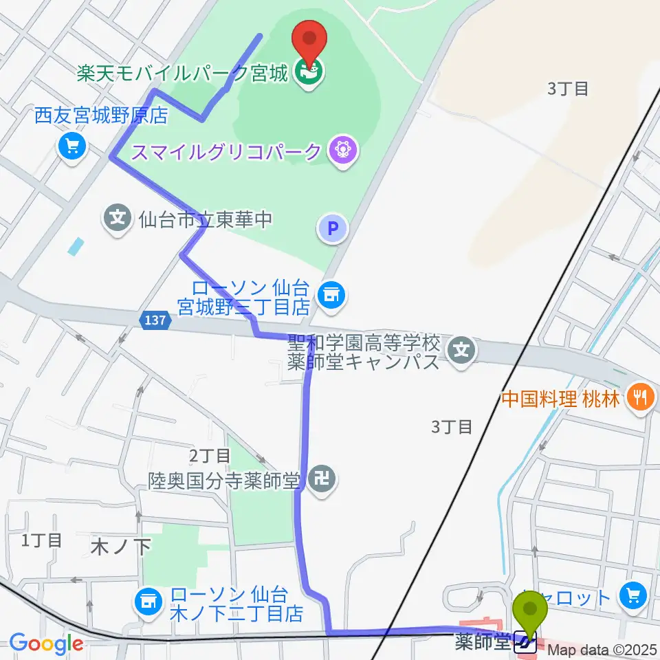 薬師堂駅から楽天モバイルパーク宮城へのルートマップ地図