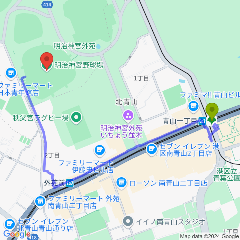 青山一丁目駅から明治神宮野球場へのルートマップ地図