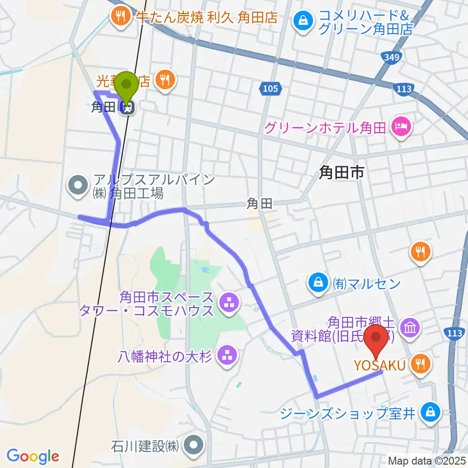 角田駅からかくだ田園ホール（角田市市民センター）へのルートマップ地図