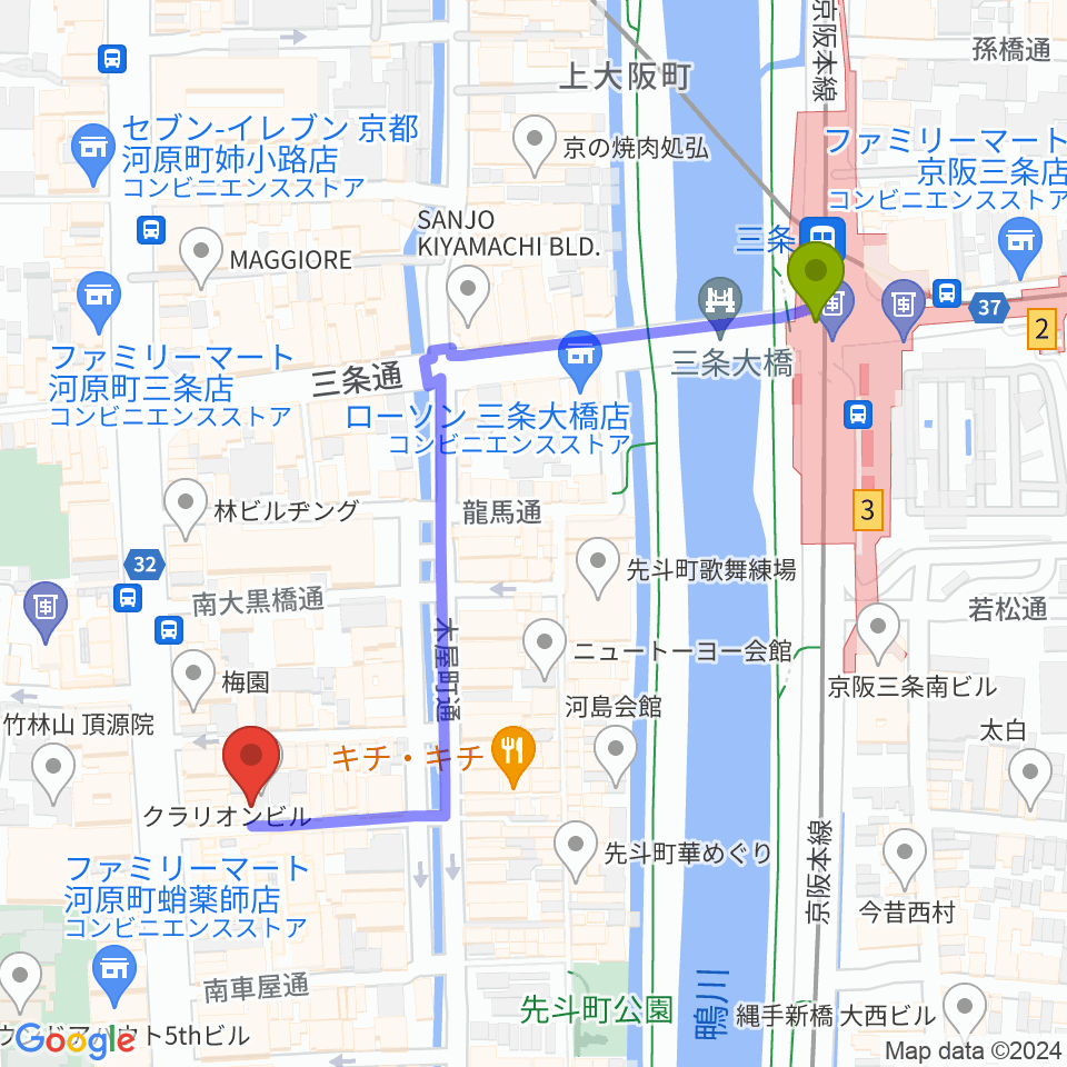 音まかすの最寄駅三条駅からの徒歩ルート（約5分）地図