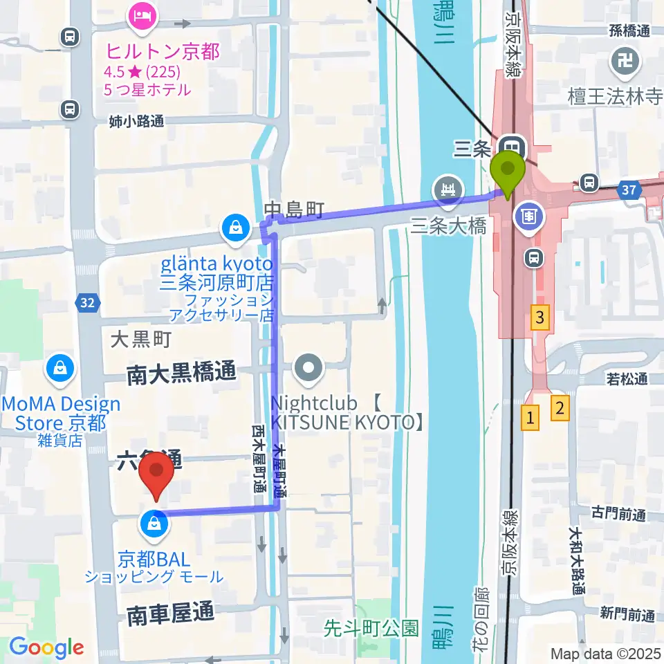音まかすの最寄駅三条駅からの徒歩ルート（約5分）地図