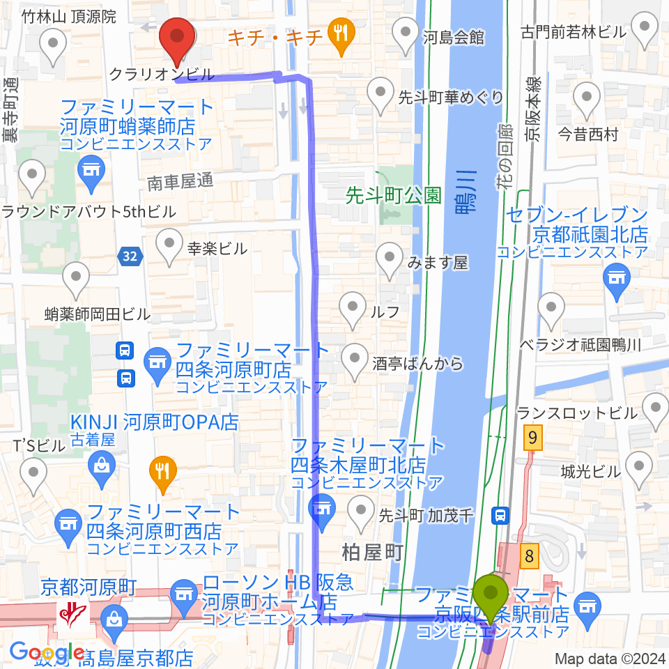 祇園四条駅から音まかすへのルートマップ地図