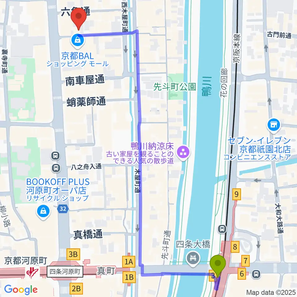 祇園四条駅から音まかすへのルートマップ地図