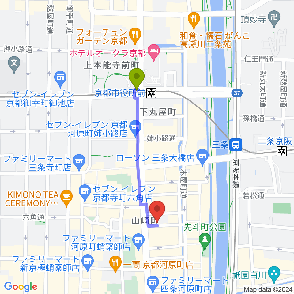 京都市役所前駅から音まかすへのルートマップ地図