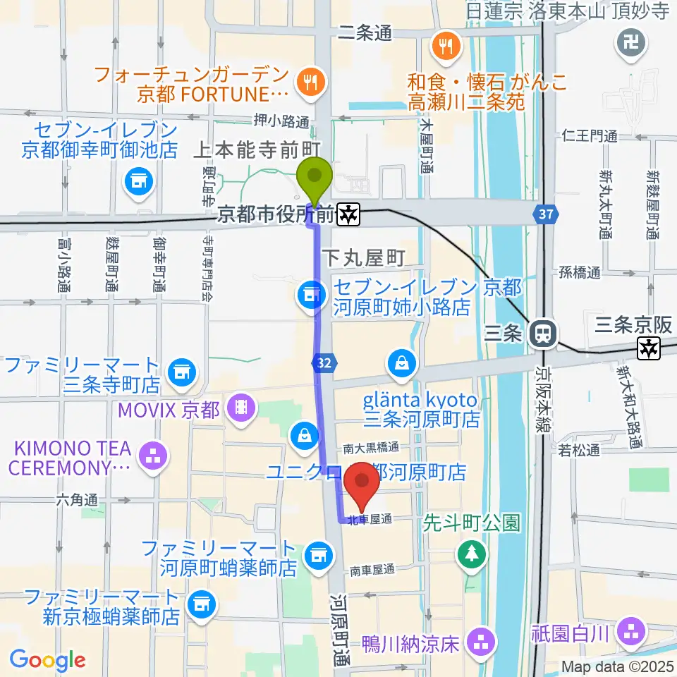 京都市役所前駅から音まかすへのルートマップ地図