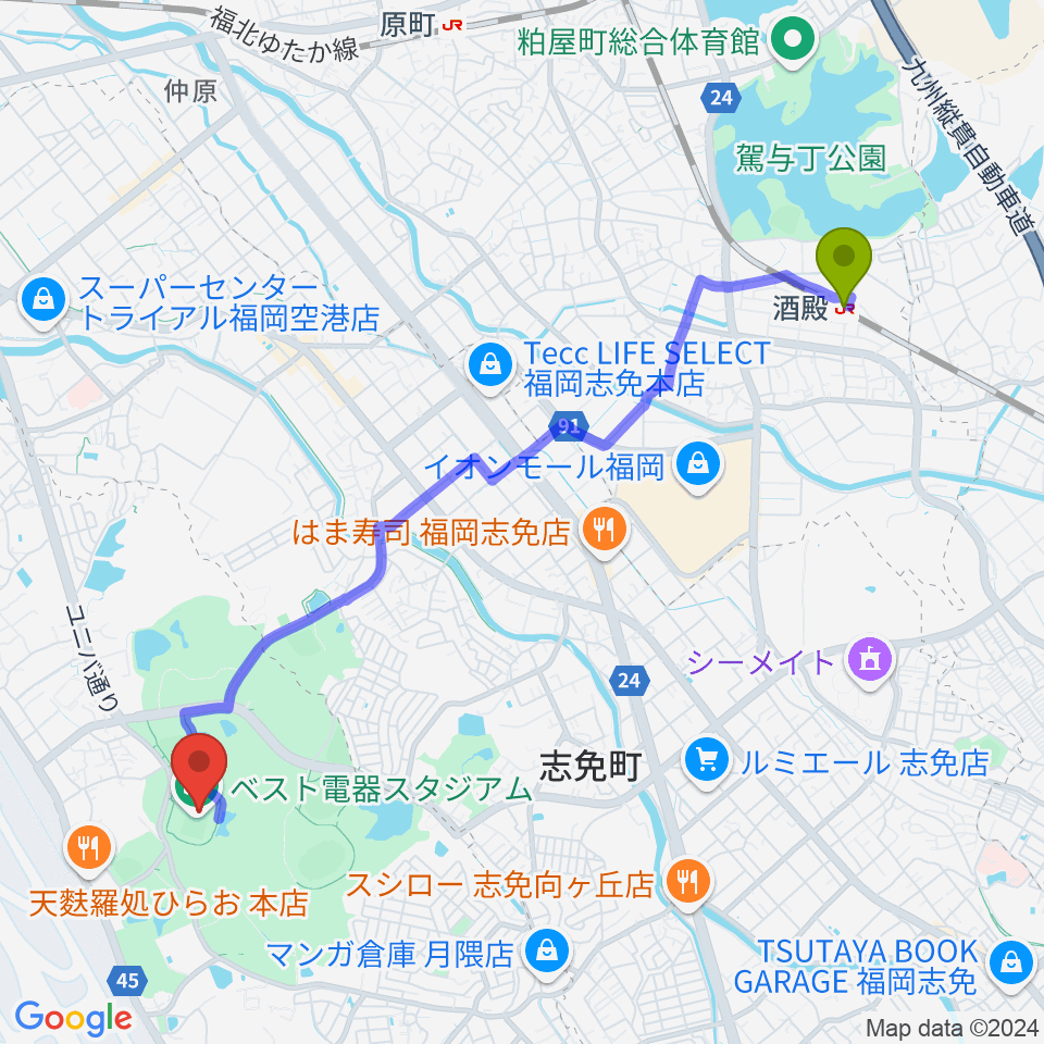 酒殿駅からベスト電器スタジアムへのルートマップ地図