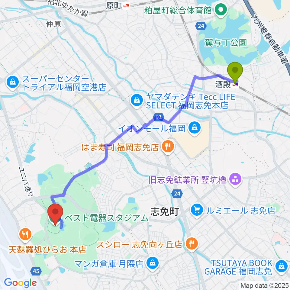酒殿駅からベスト電器スタジアムへのルートマップ地図