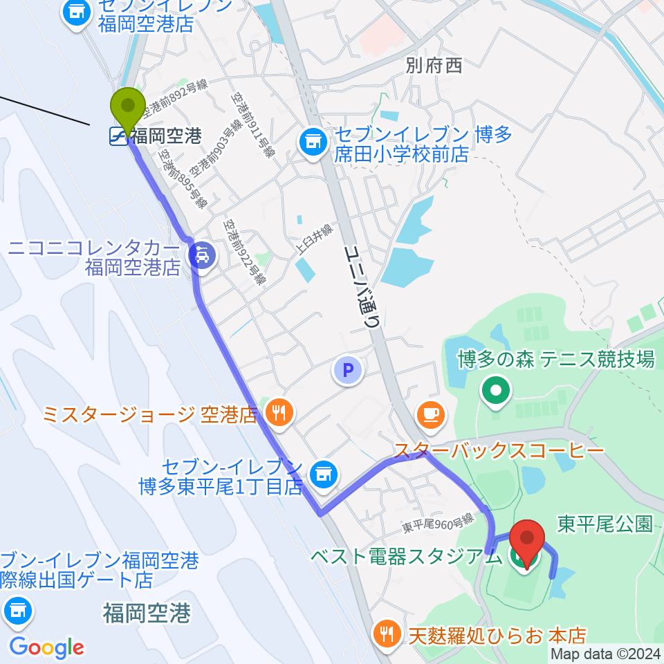 ベスト電器スタジアムの最寄駅福岡空港駅からの徒歩ルート（約28分）地図