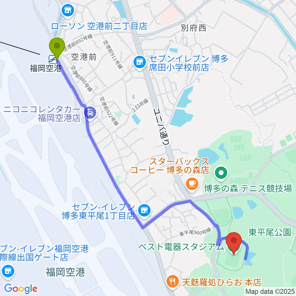 ベスト電器スタジアムの最寄駅福岡空港駅からの徒歩ルート（約28分）地図