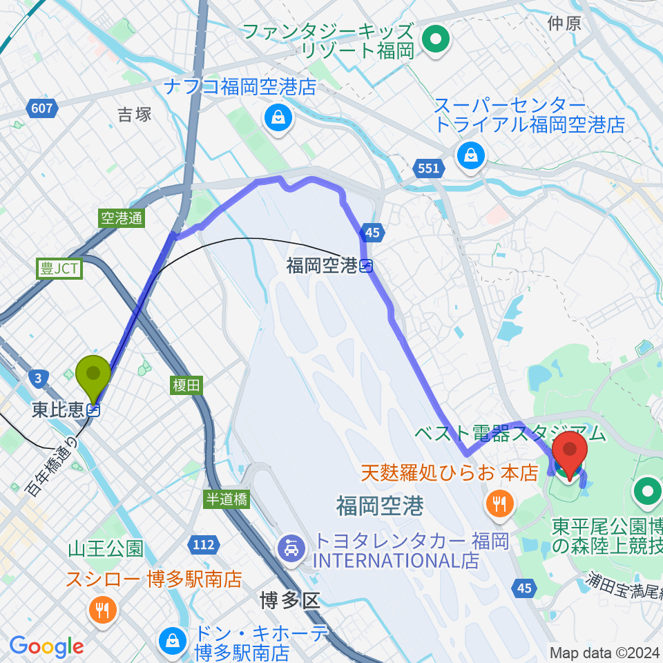 東比恵駅からベスト電器スタジアムへのルートマップ地図