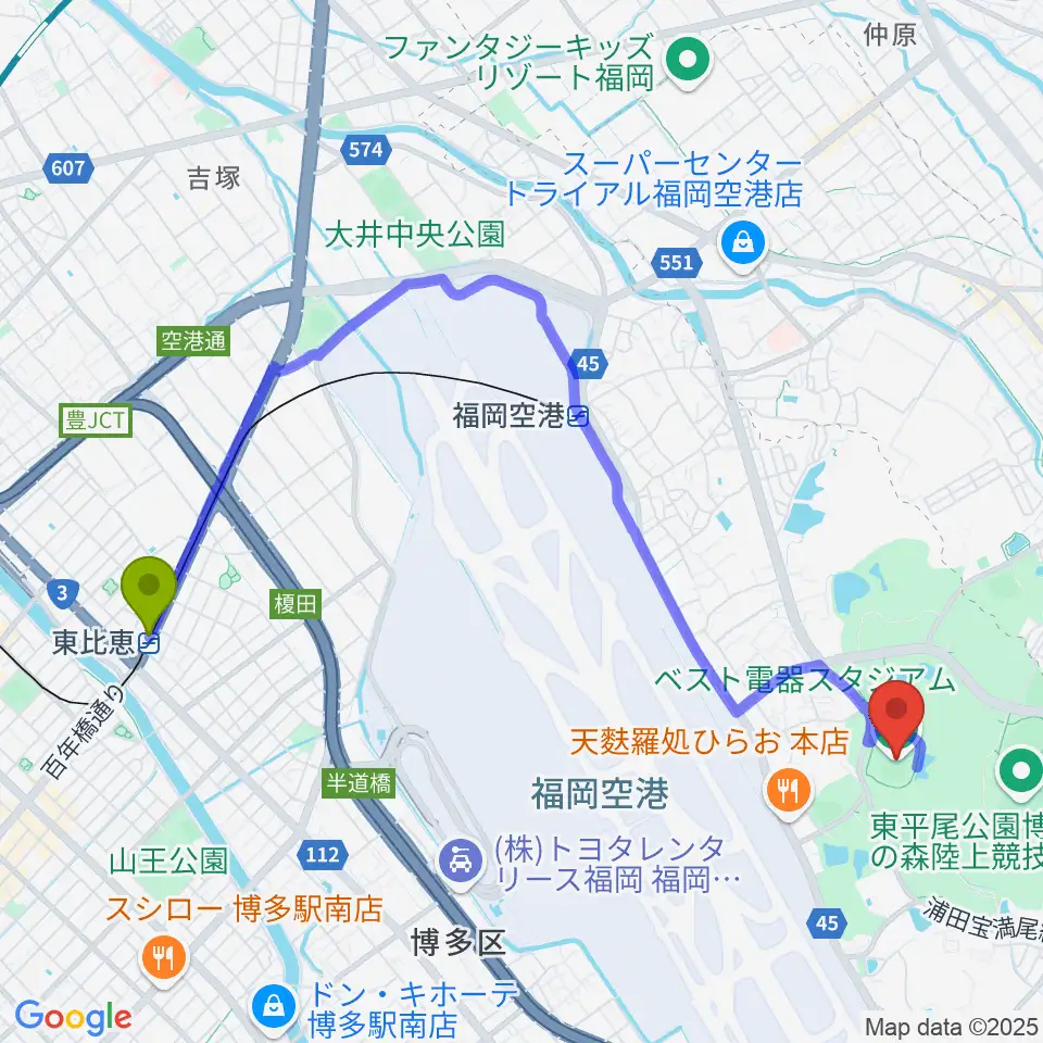 東比恵駅からベスト電器スタジアムへのルートマップ地図