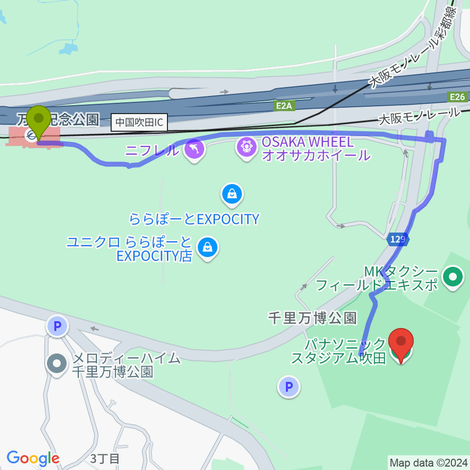 パナソニックスタジアム吹田の最寄駅万博記念公園駅からの徒歩ルート 約14分 Mdata