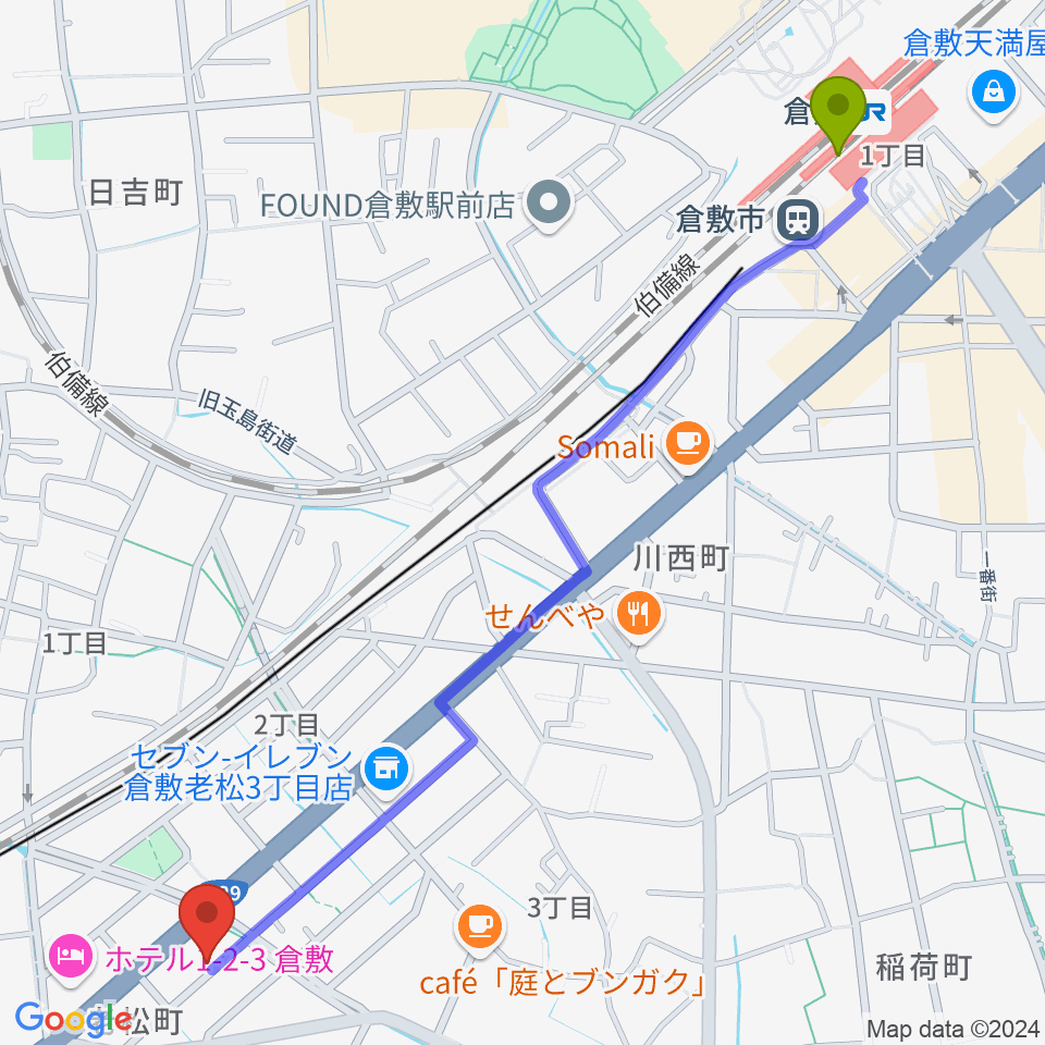 倉敷クッキージャーの最寄駅倉敷駅からの徒歩ルート（約15分）地図