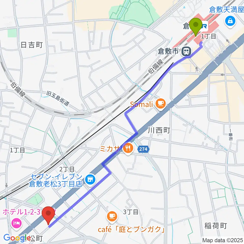 倉敷クッキージャーの最寄駅倉敷駅からの徒歩ルート（約15分）地図