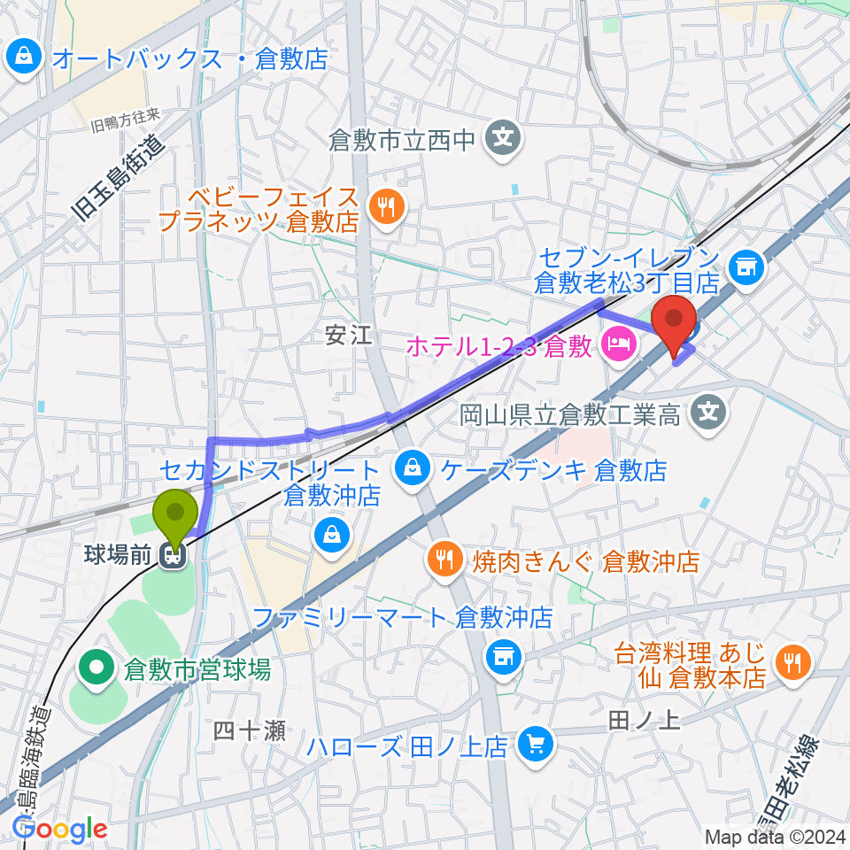 球場前駅から倉敷クッキージャーへのルートマップ地図