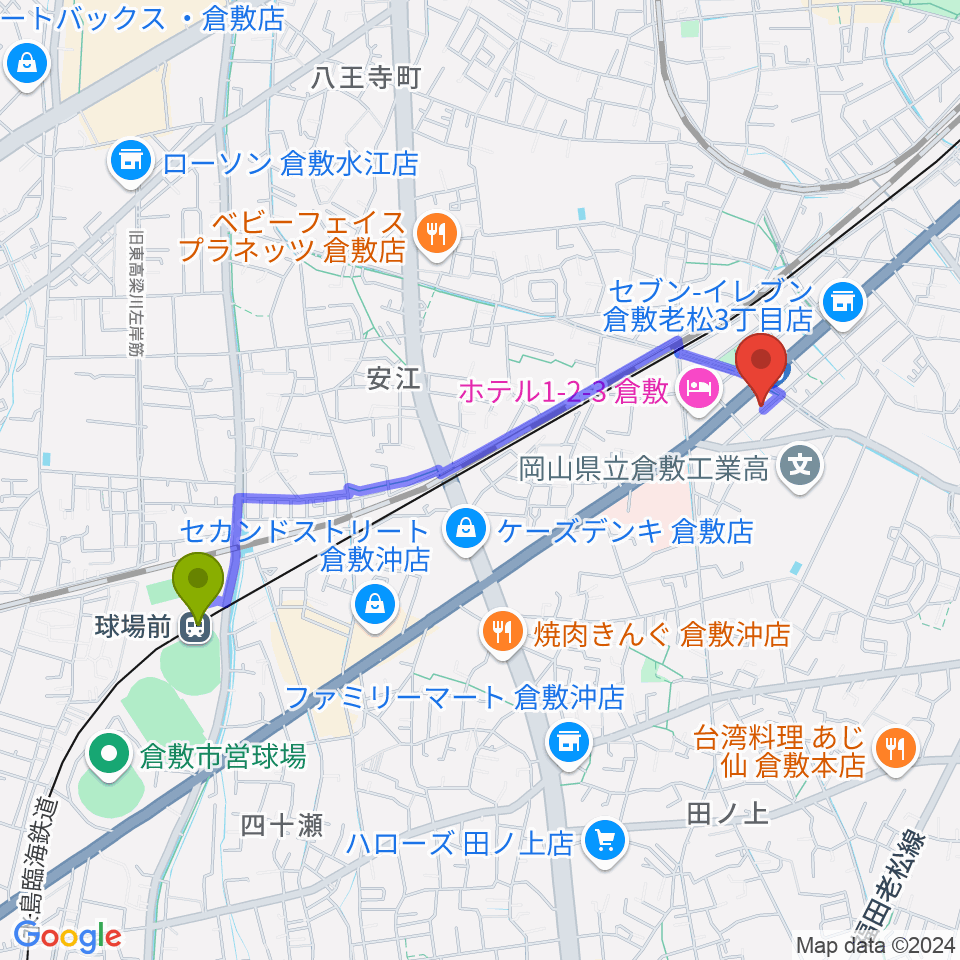 球場前駅から倉敷クッキージャーへのルートマップ地図