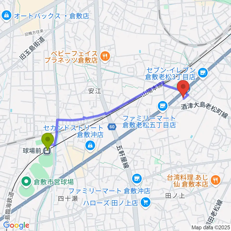 球場前駅から倉敷クッキージャーへのルートマップ地図