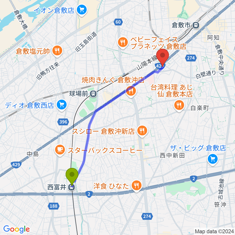 西富井駅から倉敷クッキージャーへのルートマップ地図