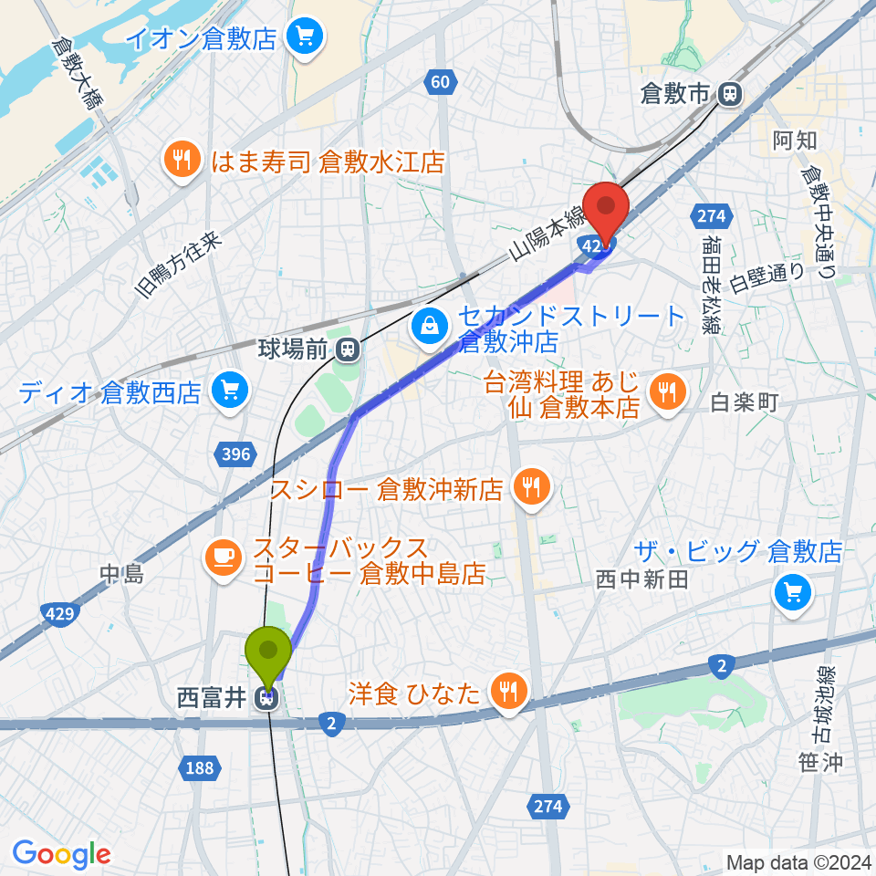 西富井駅から倉敷クッキージャーへのルートマップ地図