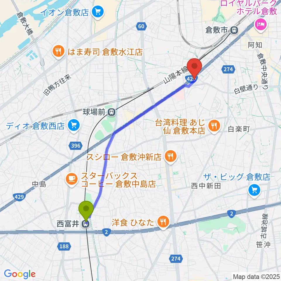 西富井駅から倉敷クッキージャーへのルートマップ地図