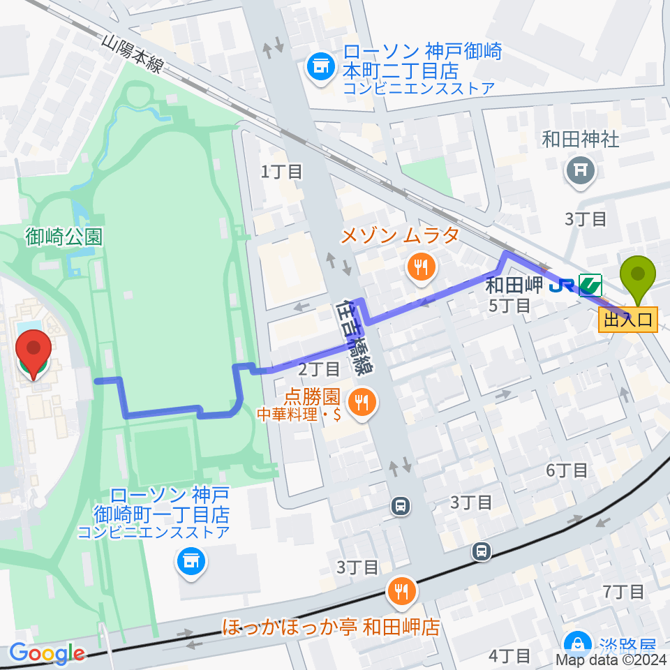 ノエビアスタジアム神戸の最寄駅和田岬駅からの徒歩ルート（約7分）地図