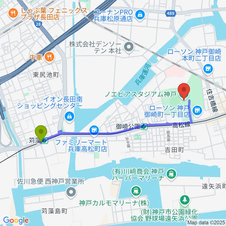 苅藻駅からノエビアスタジアム神戸へのルートマップ地図