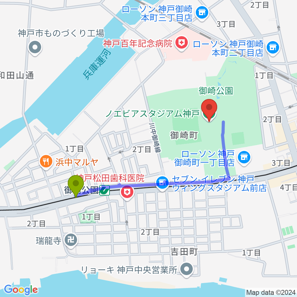 御崎公園駅からノエビアスタジアム神戸へのルートマップ地図