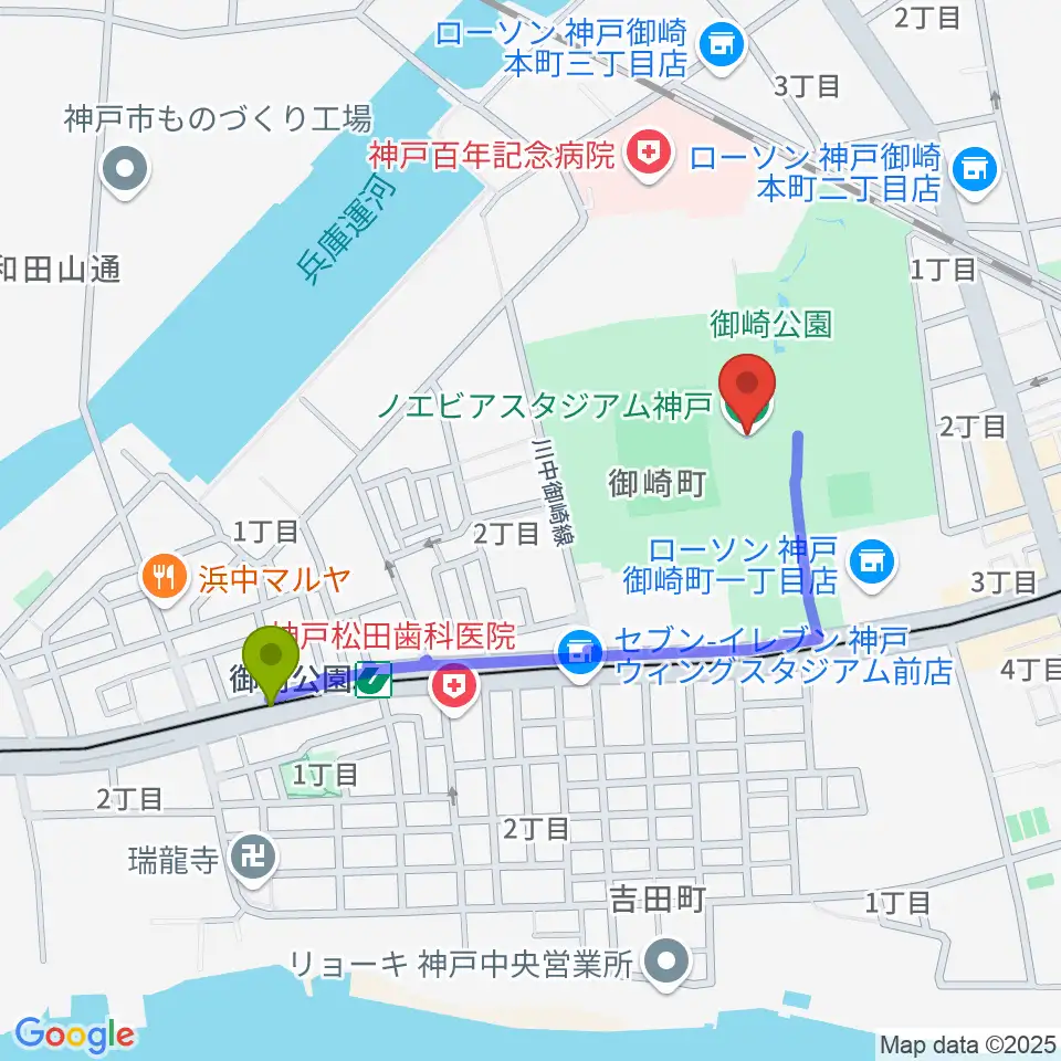 御崎公園駅からノエビアスタジアム神戸へのルートマップ地図