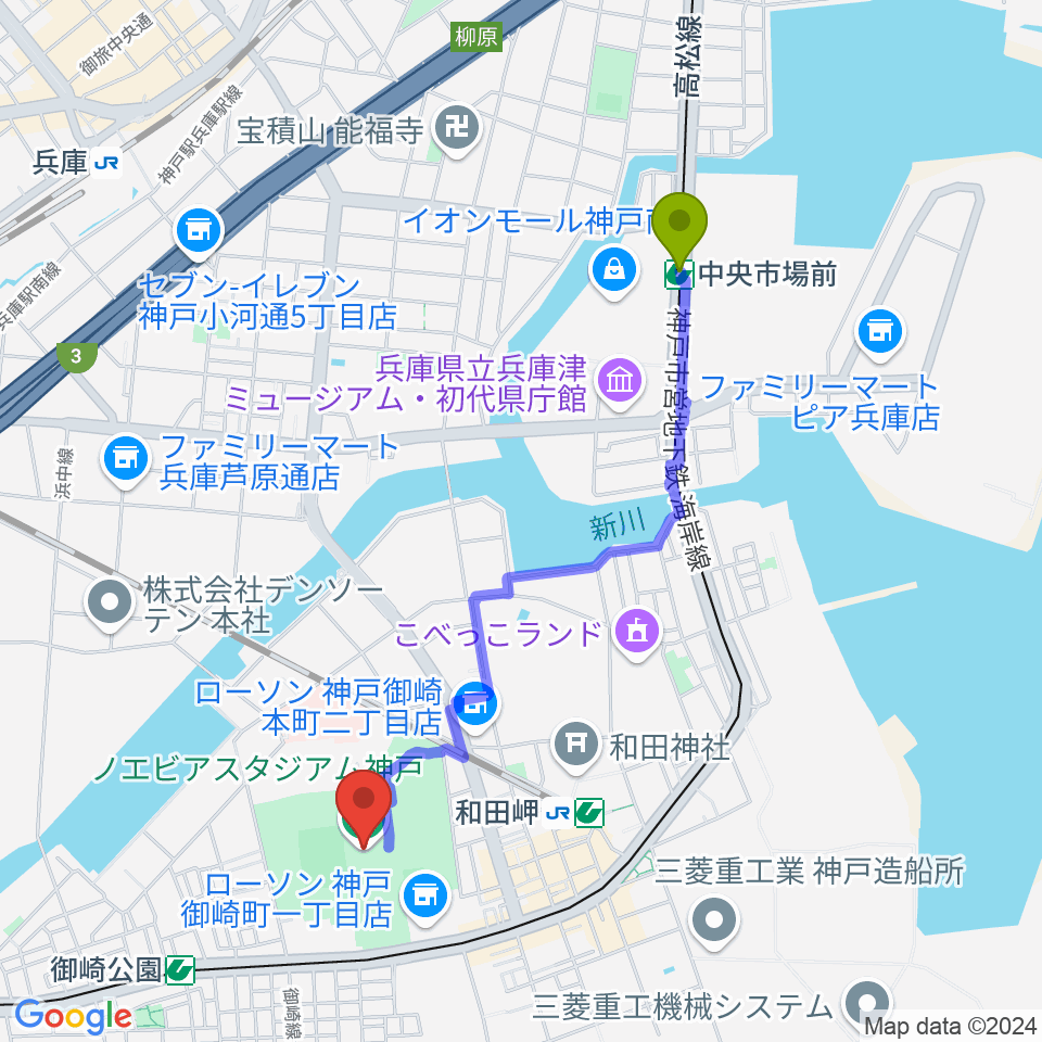 中央市場前駅からノエビアスタジアム神戸へのルートマップ地図